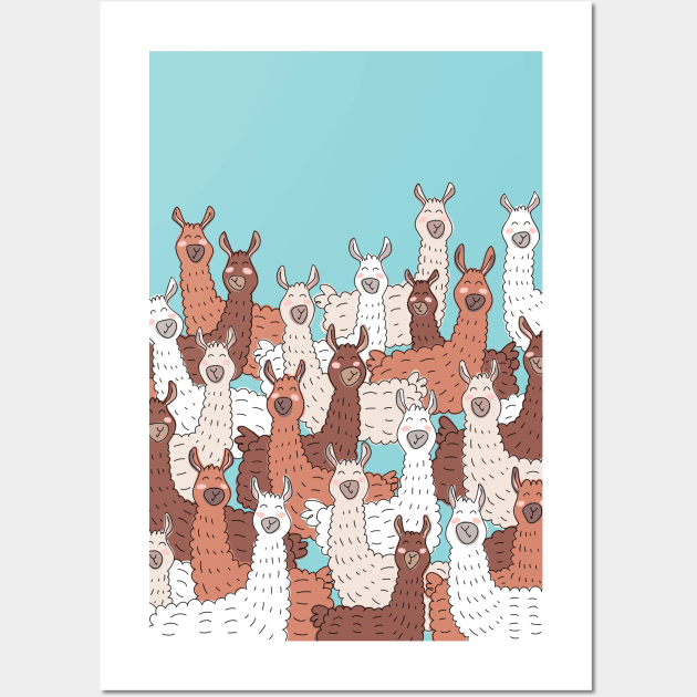 Llama Party - Brown Beige Aqua Blue Wall Art by HappyCatPrints